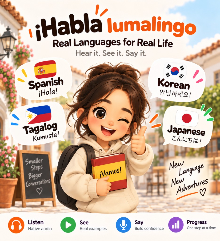 LumaLingo covers Spanish, Japanese, Korean, and Tagalog — friendly learner with greetings in all four languages